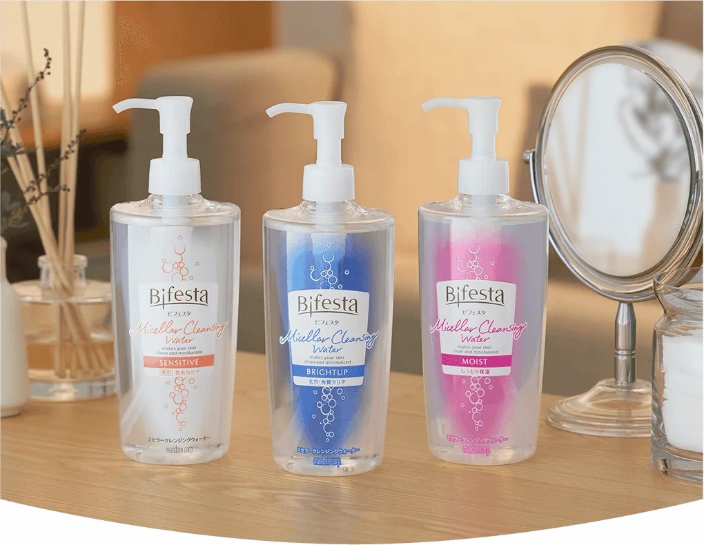 Bifesta micellar cleansing waters on a vanity table