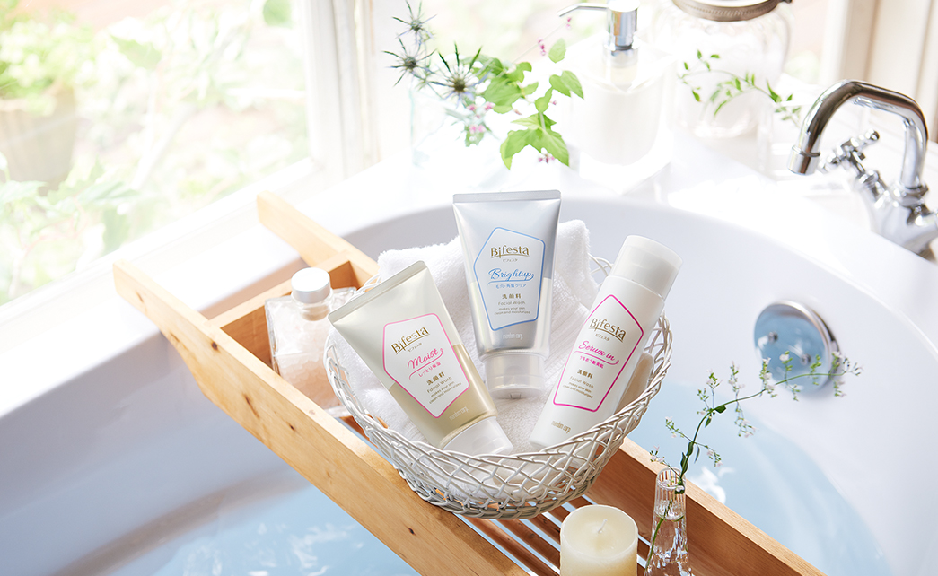 Bifesta facial wash range displayed in a bathroom